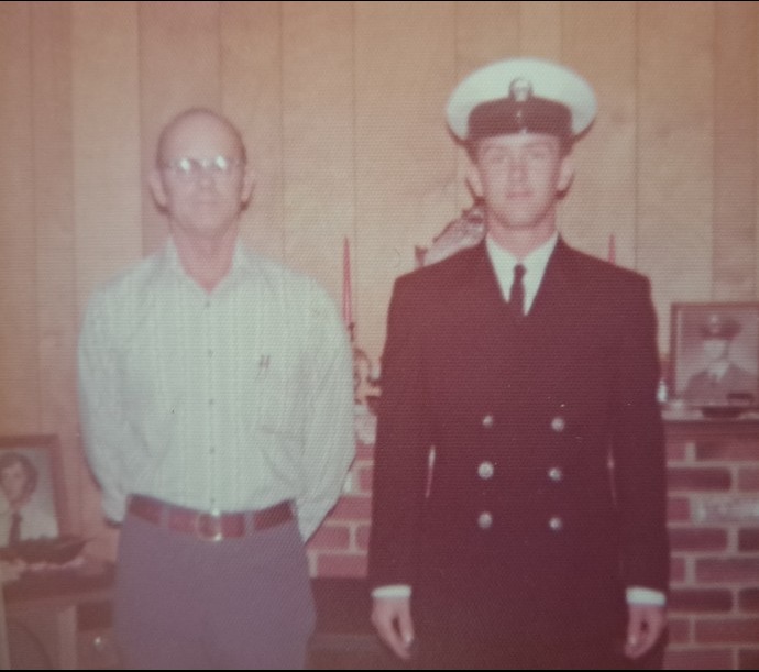 Family photograph of Huey V. Lumley and his son John Lumley in U.S. Navy uniform
