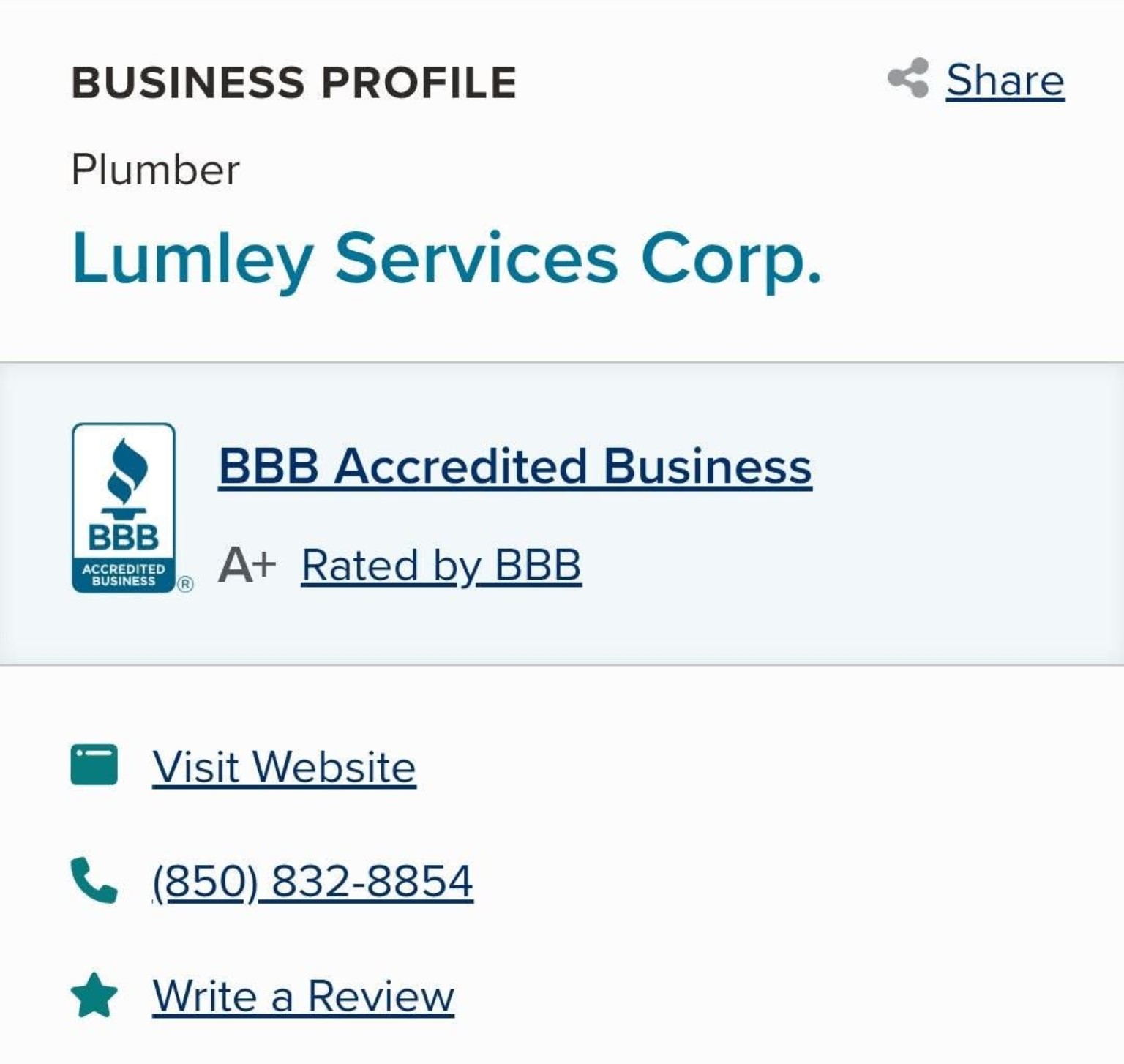 BBB business profile screenshot showing Lumley Services Corp accredited with an A+ rating